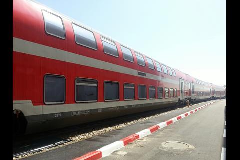 First six of 72 double-deck coaches which Bombardier Transportation is supplying for Israel Railways electric services.